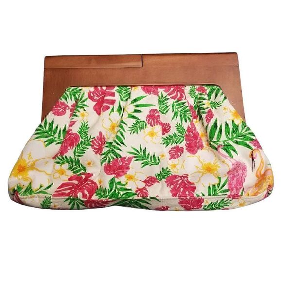 Apt. 9 Floral Cottagecore Barbiecore Pink Cotton Wooden Clutch Handbag - Picture 3 of 9